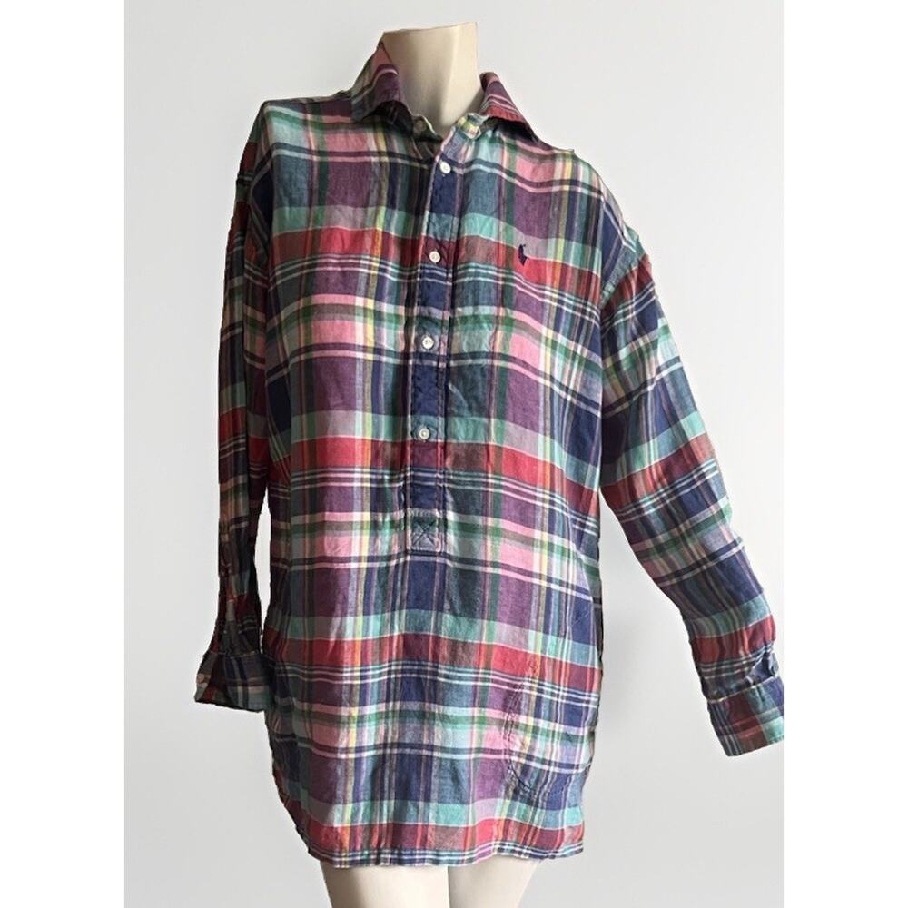 Polo Ralph Lauren Linen Madras Plaid Tunic Shirt Dress Cover Up Size 4 Coastal - Picture 2 of 16
